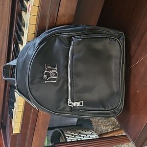 NWT Badgley Mischka Backpack Purse Vegan Black Nylon Bag Silver Tone Hardware
